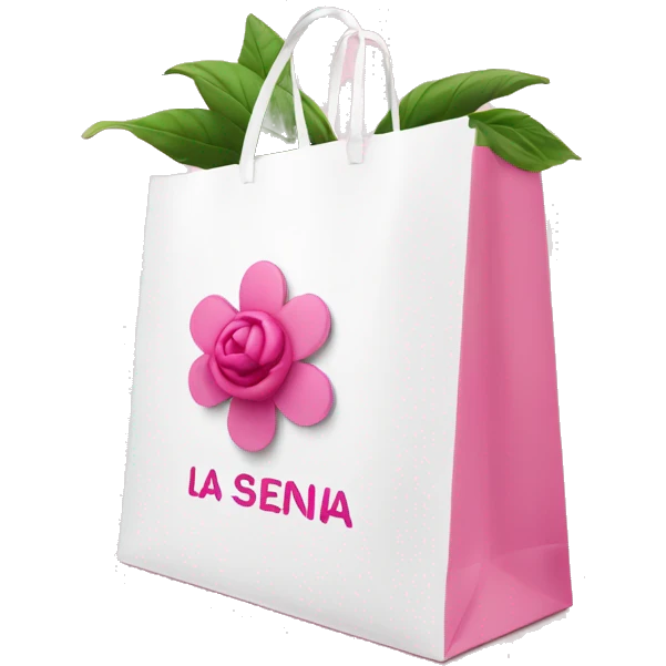 White shopping bag with pink text that says La Sienna in pink with one pink flower  emoji