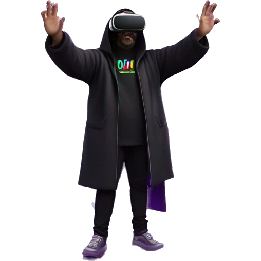 Big Lebowski wearing a black hoodie with "OMG" letters on it and VR headset oculus quest 2 in a cyberpunk VR environment with violet neon lighting. Showing direction with hand emoji