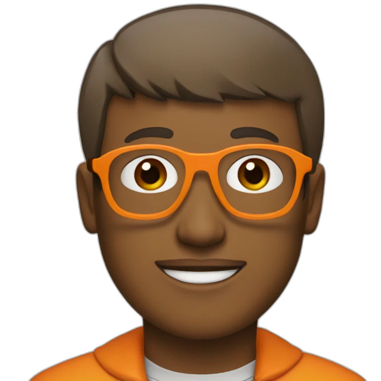 a man with a bowl cut brown squar glasses, a orange jacket emoji