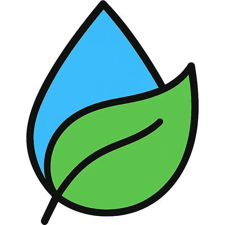 green leaf partially wrapped around a blue water droplet, outlined in black with color fills, modern icon style emoji