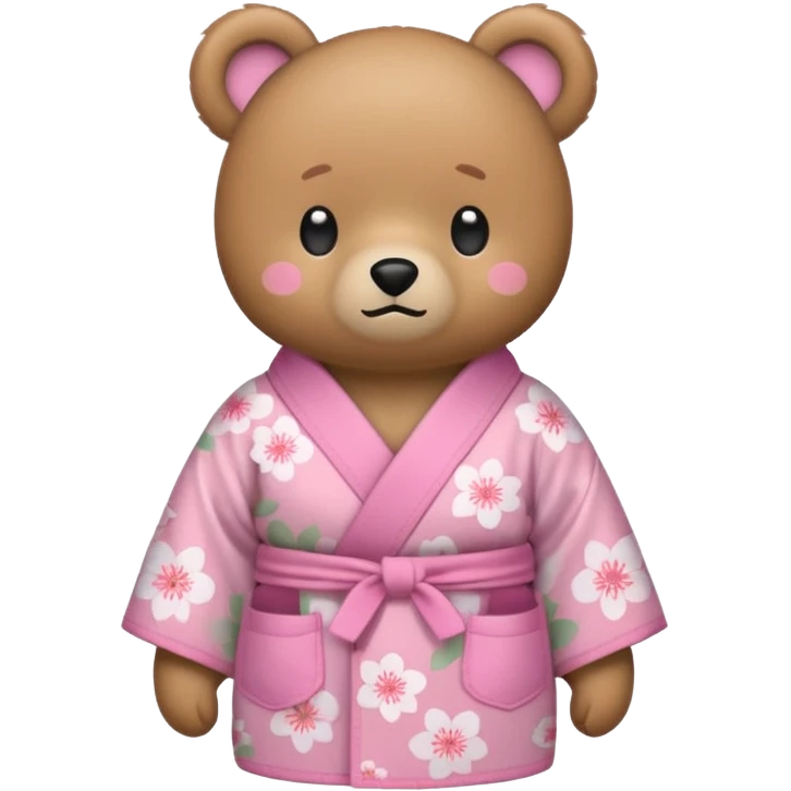 A cute light-brown bear wearing a pastel pink sakura-patterned kimono, normal balanced body ratio.  
Turning pockets inside out with a worried embarrassed face, a tiny coin rolling away.  
Kawaii emoji style, minimalistic clean sticker illustration, white background. emoji