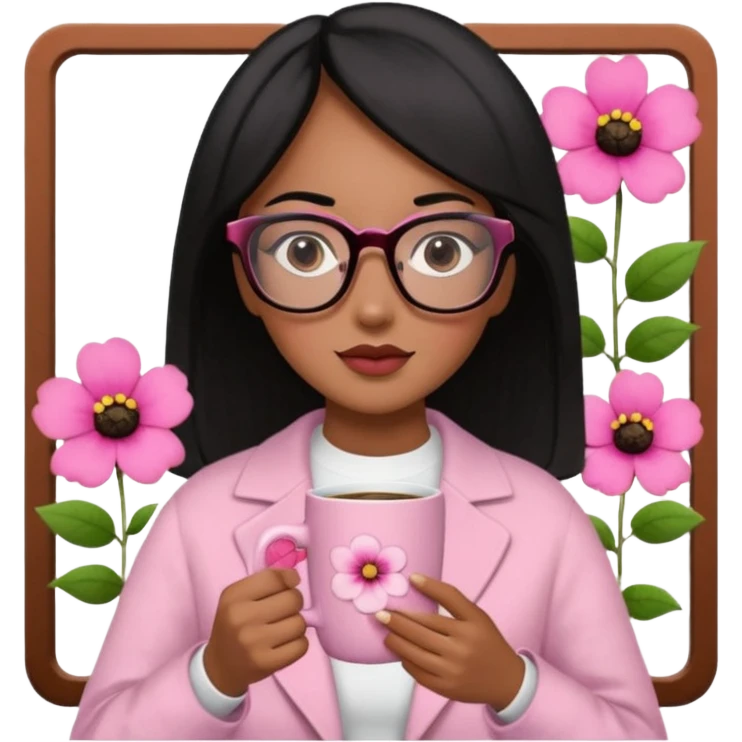 Chica de pelo negro ojos negros y piel morena con lentes oversize square GAFAS DE LEER BIEN GRANDES , en la mano derecha una taza de cafe en color rosa con una flor negra de diseno. Sentada mirando un drama koreano en la television.  emoji