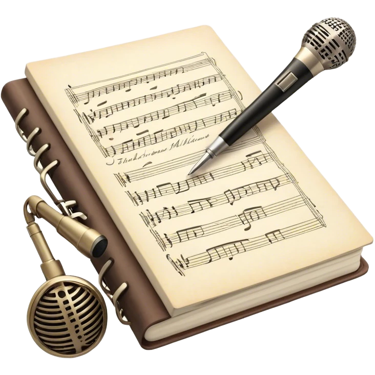 Create an emoji representing songwriting. The design should feature an open notebook or sheet music with visible lyrics and musical notes, symbolizing the process of writing song lyrics. A pen or pencil should be placed near the notebook, indicating active writing. Optionally, include a vintage microphone or a quill to add a creative touch. Use a harmonious color palette with warm and neutral tones. Do not include any emojis or smiley faces. Make the background transparent. emoji