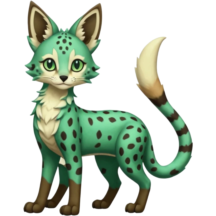 Epic complex detailed dark-emerald-green dark-brown beige pastel realistic aesthetic-scenic-Fakémon-Sprigatito-Floragato-Meowscarada-Trico-Sergal-Serval-Vernid-creature (full body) emoji
