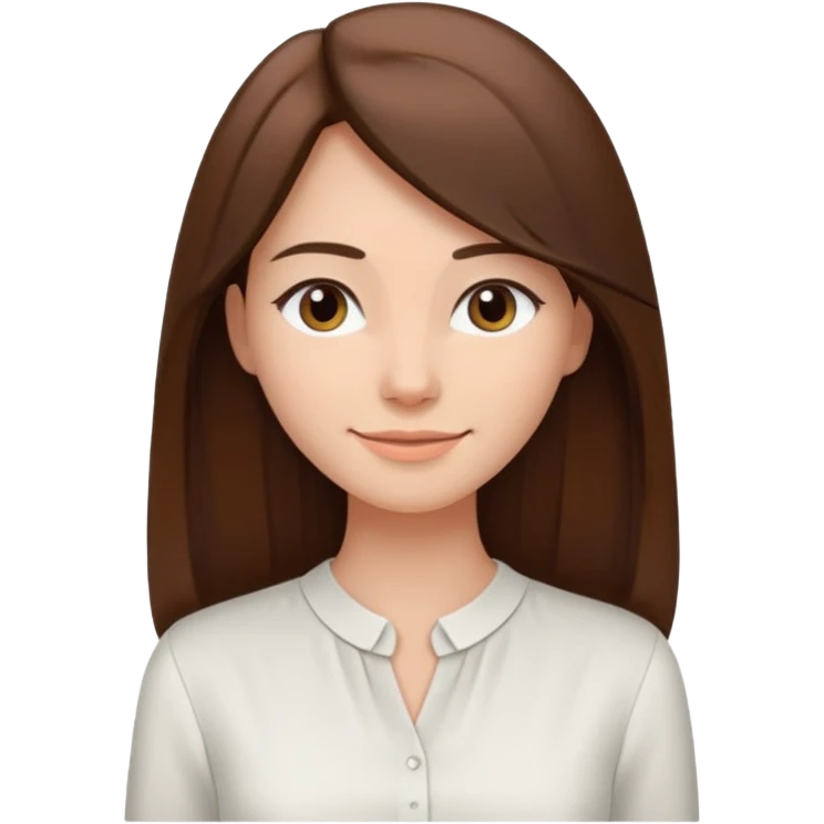 Женщина с длинными прямыми волосами, заправленными за плечи, мягкая доброжелательная улыбка, минималистичное платье или блузка светлого оттенка, стиль спокойный и современный. emoji