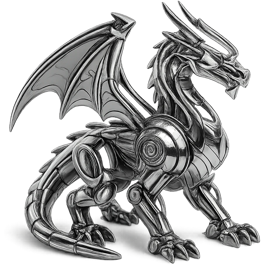 futuristic robotic dragon with chrome finish, exposed machinery, glowing energy lines, 1:1 aspect ratio emoji