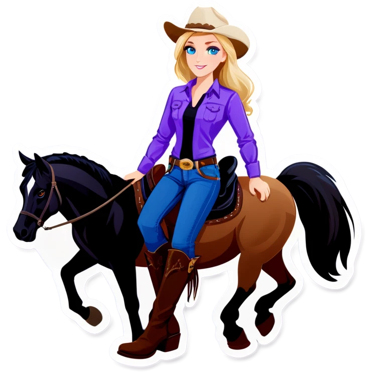 Blonde cowgirl with blue eyes wearing a purple shirt with boots and jeans and a black and white horse with a black Labrador and a brown Labrador  emoji