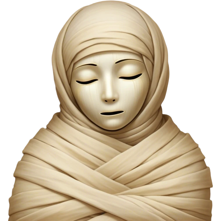 A snug, cozily wrapped mummy, fully encased in soft, slightly loose bandages, even its face gently hidden behind folds with only a tiny glimpse of sleepy eyes, nestled in warm, faded tones with gentle golden accents, simplified yet irresistibly charming, highly detailed with a soft glowing outline capturing the peaceful aura of an ancient being drifting into rest! emoji