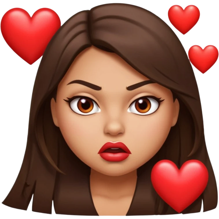 Sexy tanned beautiful girl with plump lips and brunette straight hair with angry looking face but with 3 hearts on top right, middle left and bottom right  emoji