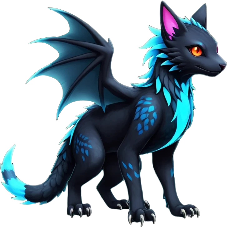 Black Dark Exotic Beaked Feathery Nocturnal Neon-glowing Abyssal Nightly Abyss-Cat-Gryphon-Salandit-Nargacuga-Silvally-Vernid-Sergal-Fakémon-Hybrid-Creature (full body) emoji