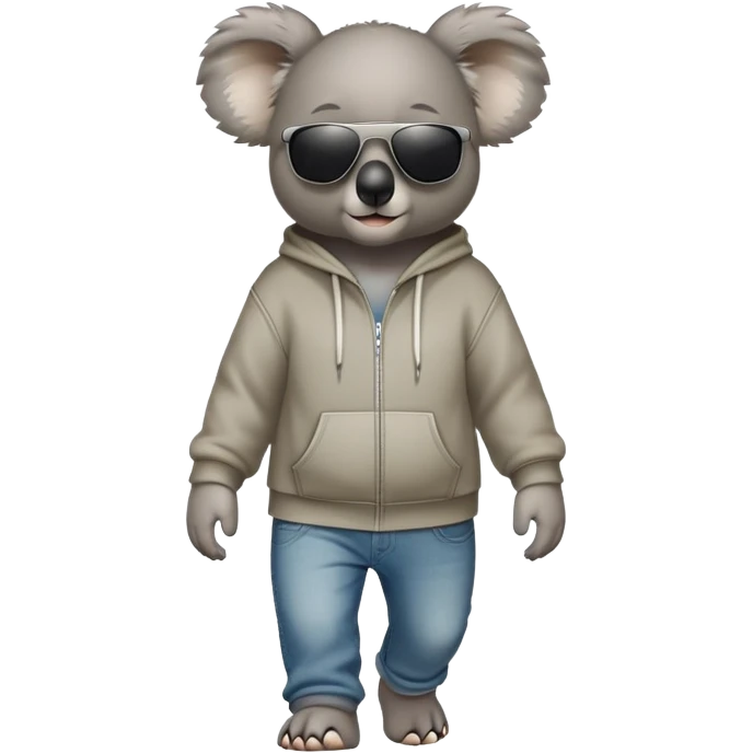 anthropomorphised koala full body wearing a hoodie and jeans dark sunglasses walking emoji