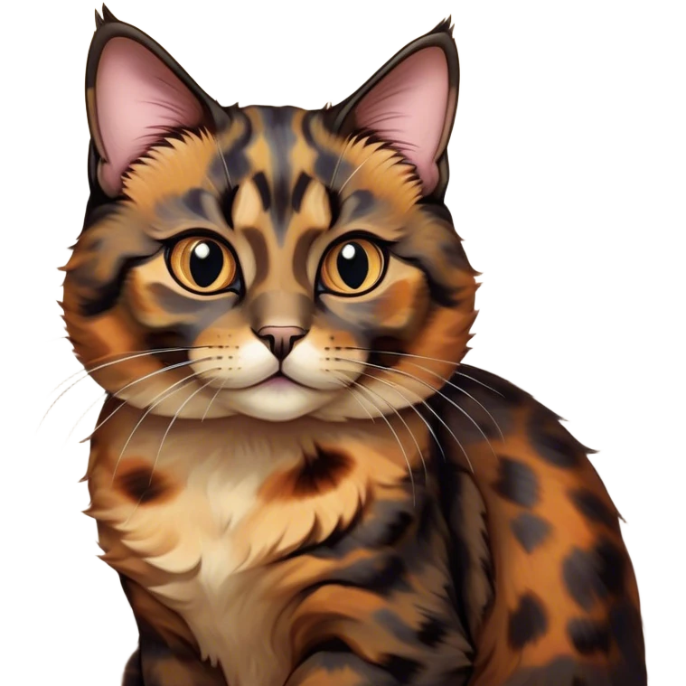 Cinematic Cute Tortoiseshell Cat Portrait Emoji, Head cocked sweetly with bright, curious eyes and a cuddly, mottled fur of rich browns and blacks, simplified yet charmingly adorable, highly detailed, glowing with a warm, gentle radiance, high shine, playful and endearing, styled with a dash of whimsical feline magic, soft glowing outline, capturing the essence of a cute tortoiseshell cat that seems ready to pounce with affectionate mischief! emoji
