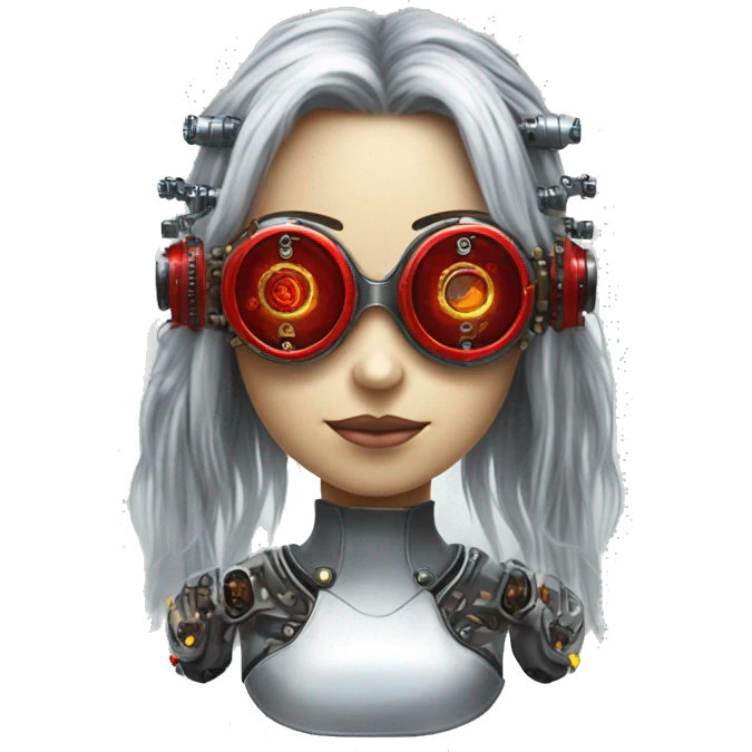 Silver long hair female cyborg head with red steampunk goggles and circuits emoji