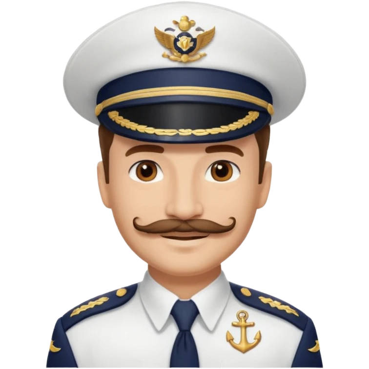 A light-skinned man with brown eyes and another mustache, smiling while wearing a white captain’s hat with a navy emblem. emoji