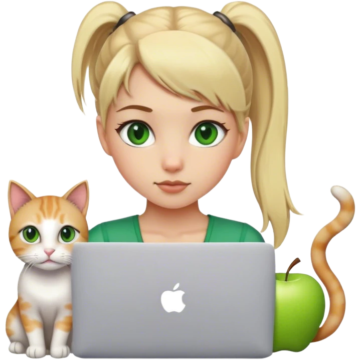 Blonde girl ponytail green eyes with apple MacBook and a cat emoji