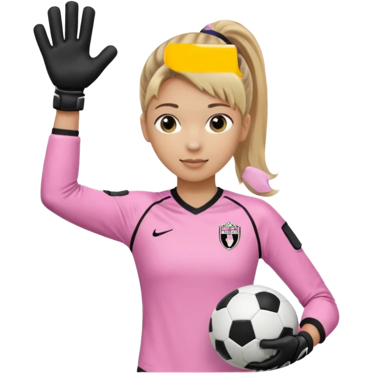 Make a dirty blonde football goalkeeper with goalkeeper gloves on. The girl is light skinned and wearing a light pink football kit. Wearing one ponytail on back of head. Make it without the whole body. With full sleeves. No RUGBY BALL JUST BLACK AND WHITE BALL. Holding ball under armpit emoji
