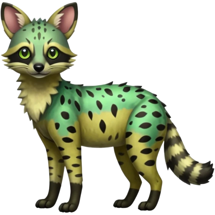 Shiny Green Colorful Dusky Dark Gloomy Glossy Aardwolf-Genet-Bobcat-fusion-animal-hybrid-creature, full body emoji