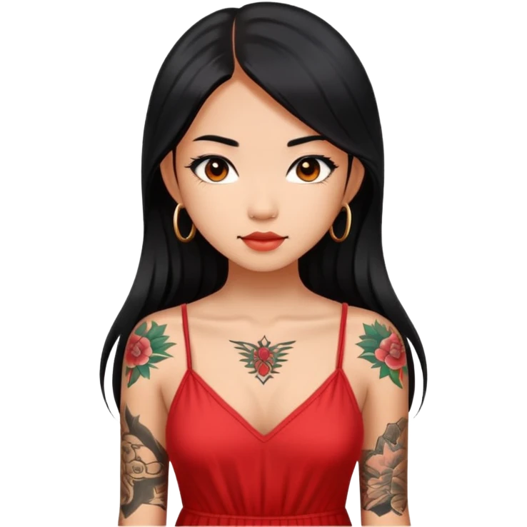 Beautiful Asian girl with long black hair and body tattoos wearing a red sundress emoji