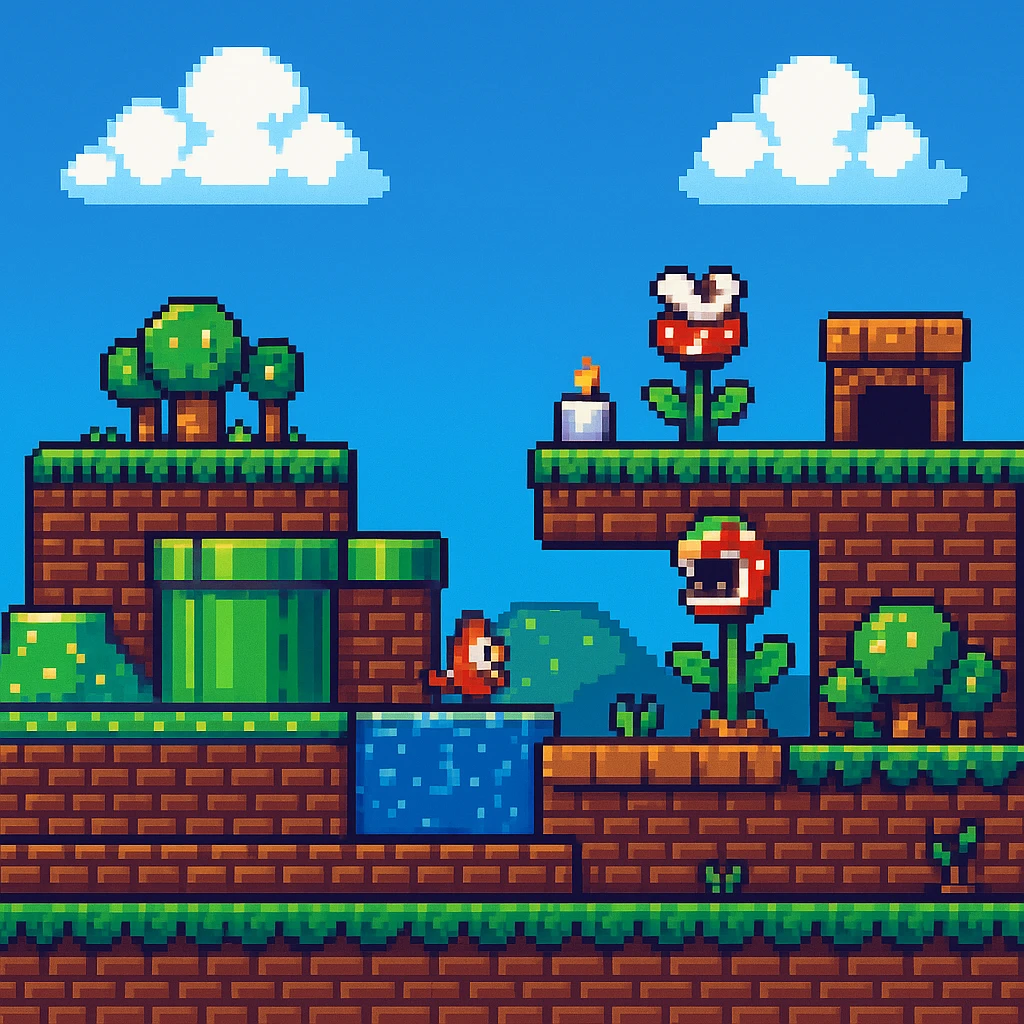 Tilesets, Overworld, Super Mario, 2D plataform, videogame, retro, chiptune. in the style of pixel art emoji