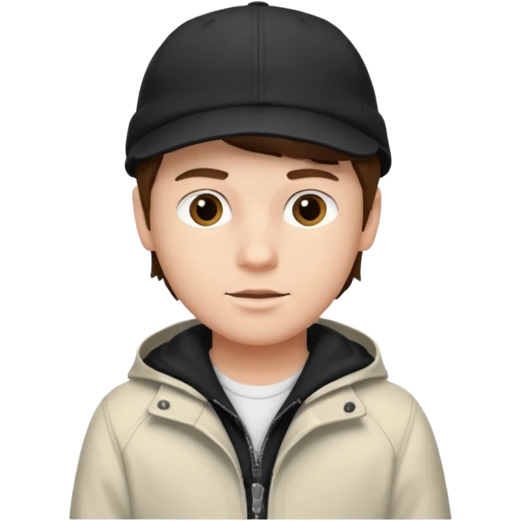 Créame a un chico blanco con gorra negra con el pelo castaño y qué tenga una chaqueta blanca emoji