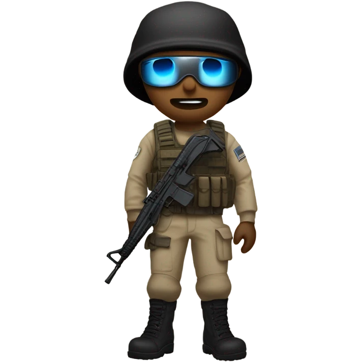 White male, call of duty mask, tan tactical gear, tan pants, combat boots, black beanie, blue eyes emoji