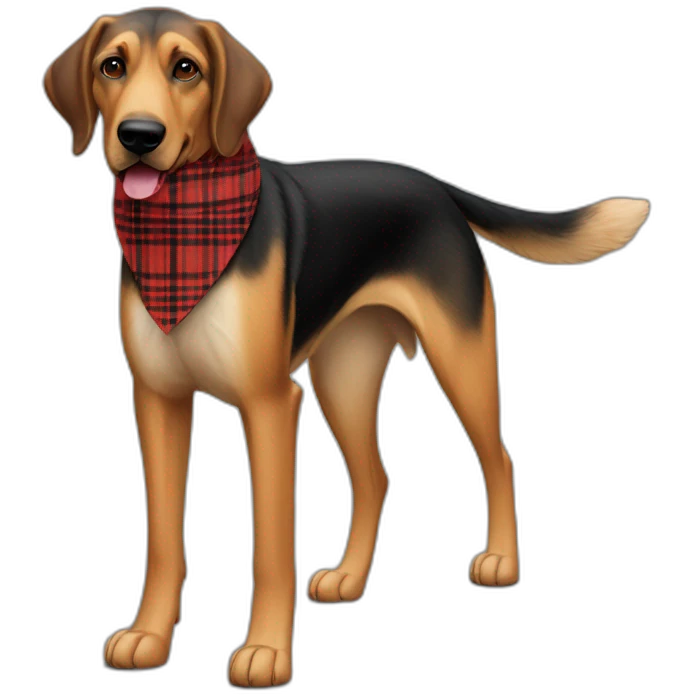 adult 75% Coonhound 25% German Shepherd mix dog with visible tail wearing small pointed red buffalo plaid bandana full body walking left quickly emoji