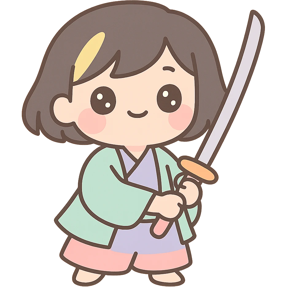kawaii samurai girl with short hair and one streak of blonde in her hair, cute expression, holding a katana, pastel colors, soft shading emoji