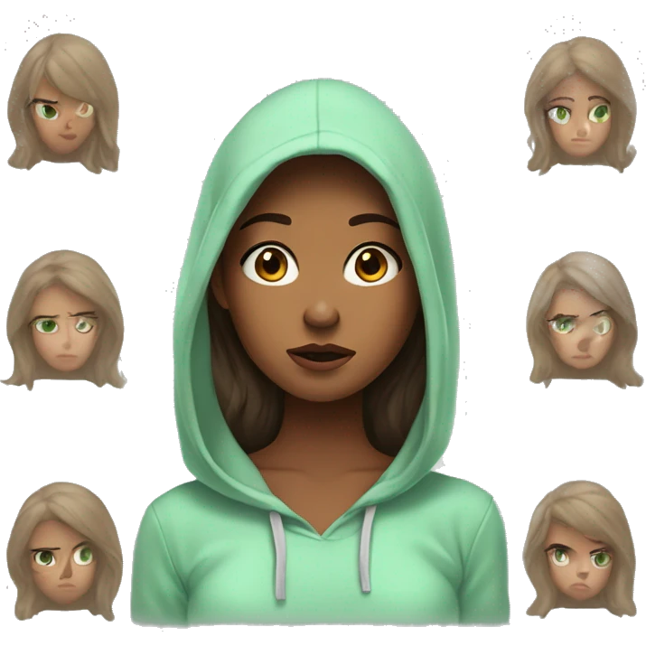 Brown haired girl, brown skin, mint green hoodie, Long lashes, with a confused look on face emoji