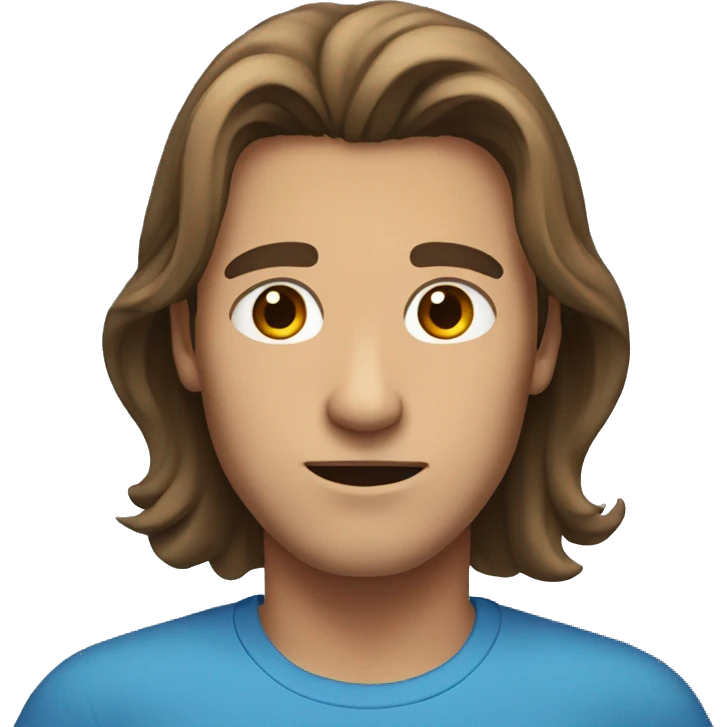 guy with long long hair with blue shirt  and brown eyes, head structure a little bit flat and short emoji