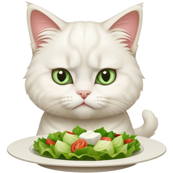 grumpy white cat sitting at a table, looking confused with its ears slightly back. In front of the cat is a plate with a salad with mouth a little open, and disagreement in the cat's face emoji