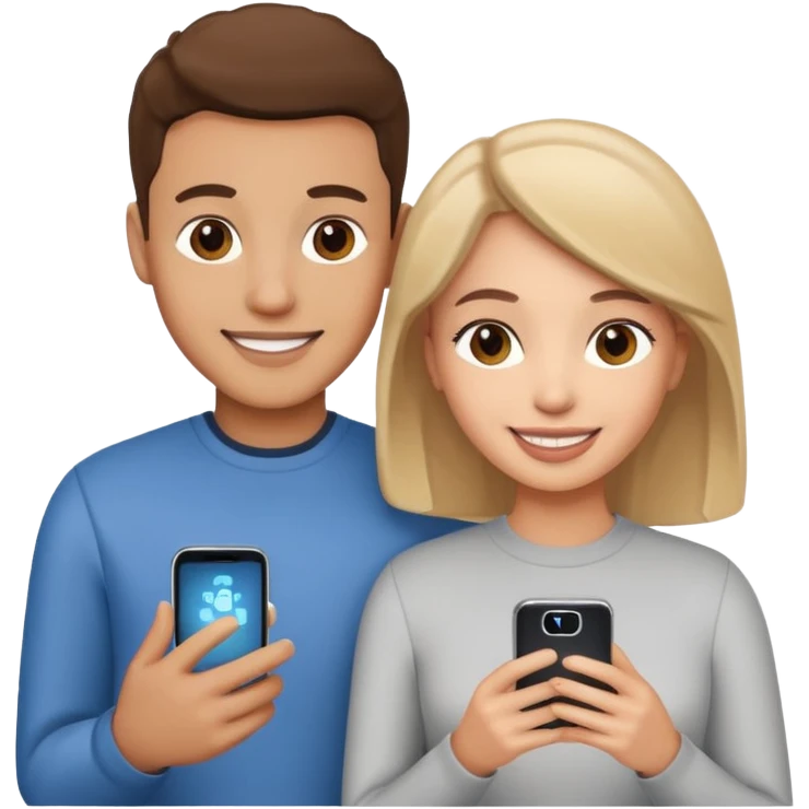 Generate a realistic emoji of a two people using a phone which shows artificial intelligence emoji