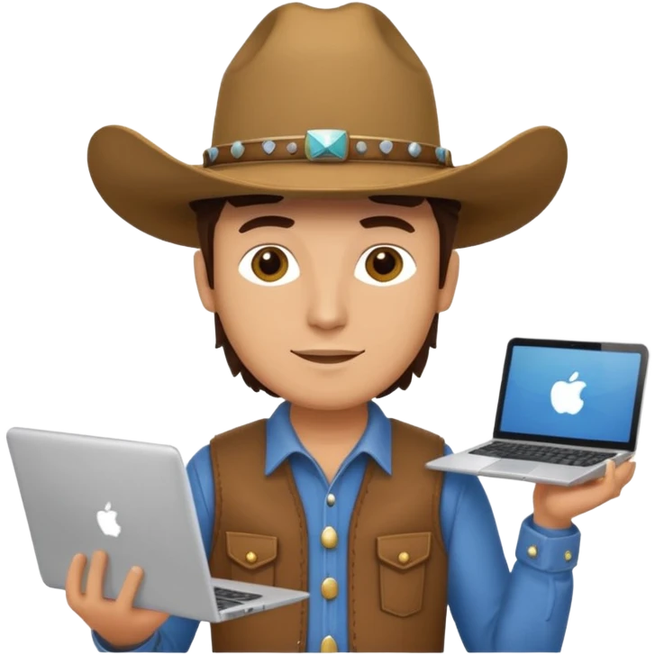cowboy coder with a laptop infront and he is white emoji