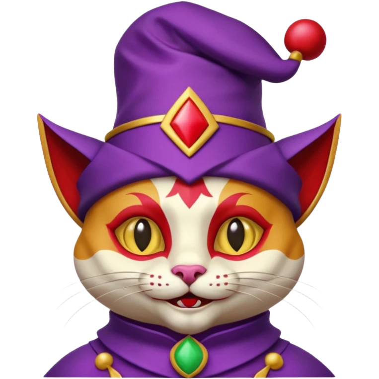 crazy colorful cute little cat jolly joker from poker, medieval, vintage, court jester, mac os icon, purple, gold and red color, half body. Squared shape as 3D mac os icon, skeuomorphic emoji