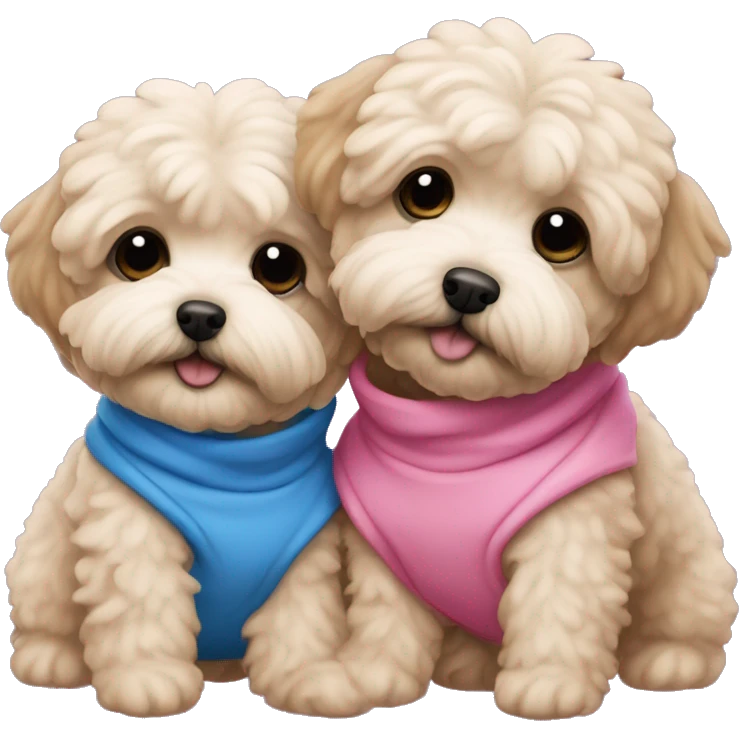 2 maltipoo dogs hugging, one wearing a pink sweatshirt and the other wearing a blue one emoji