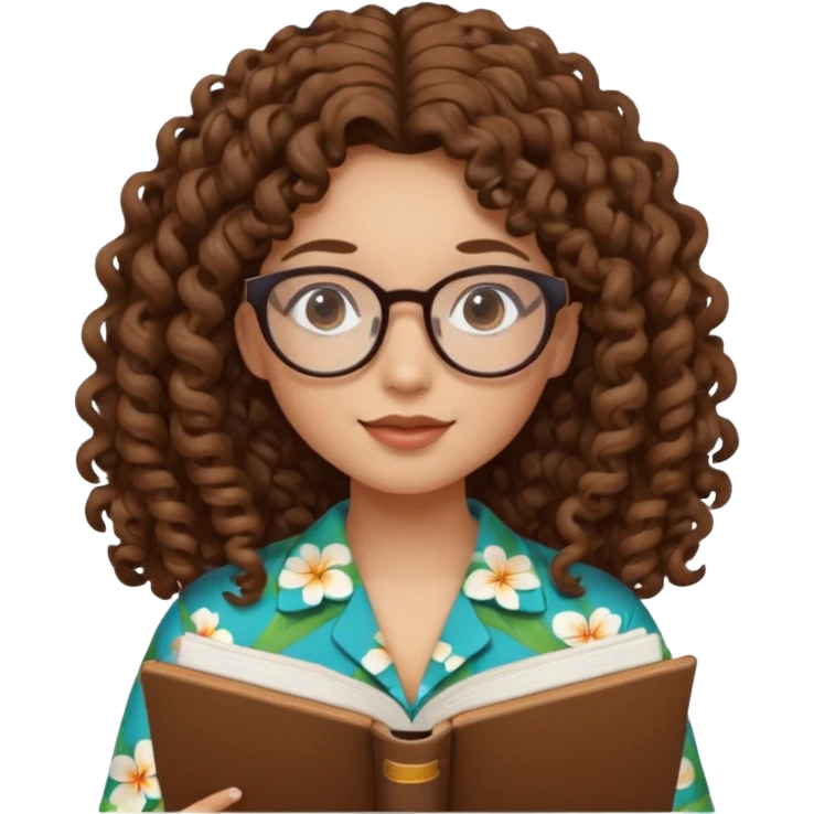 Hawaïen skin tone young lady with curly ringlets long brown hair studying. She is wearing glasses and has a round shaped face emoji