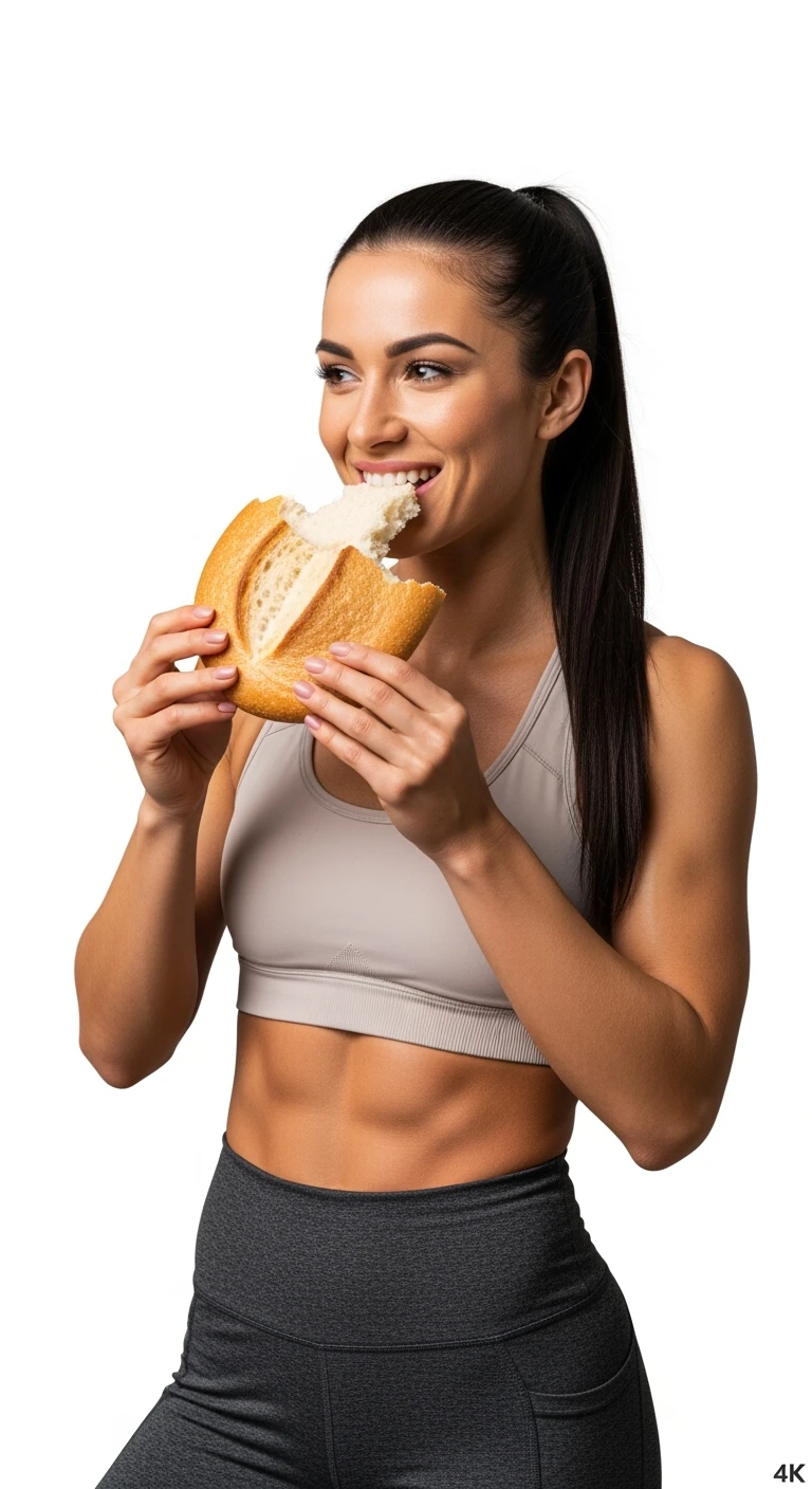 DONNA FITNESS ITALIANA CHE MANGIA PANE FELICE, IPERREALISTICA 4K, SENZA SFONDO emoji