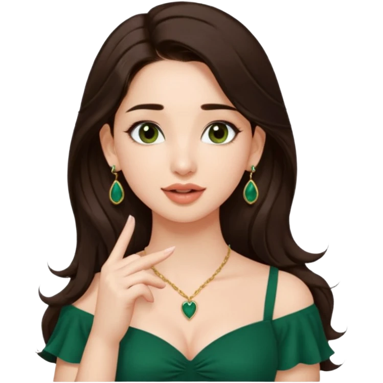 pretty bratz genmoji that, wearing a dark green sweetheart neckline top, dark brown hair, light makeup, no necklace, dangly earrings, SIDE hair part, fair. dark brown eyes, long hair
SHe should look like tamannaah bhatia - bollywood actress
Show her licking her finger  emoji