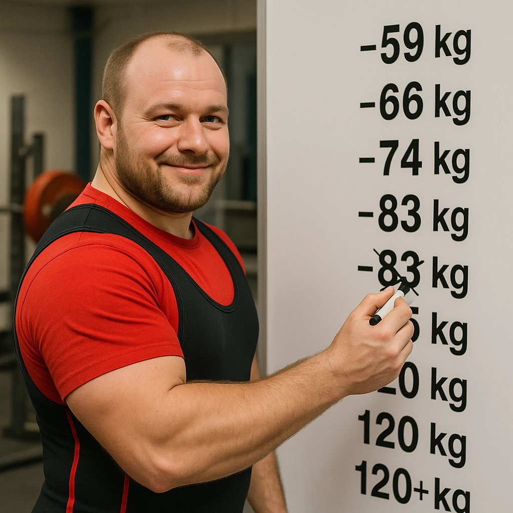European powerlifter in front of a whiteboard with weight categories written, marking the chosen category with a marker, satisfied expression, competition clothing, realistic details, weight room background emoji