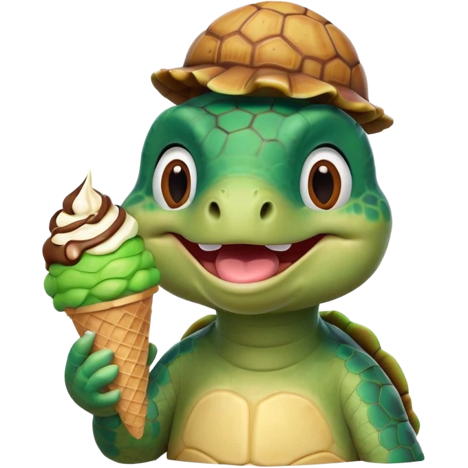 cute turtle portrait, head and shoulders only, licking an ice cream cone, funny happy expression, 3D cartoon, mobile game icon style, clean background, no text, no watermark
 emoji