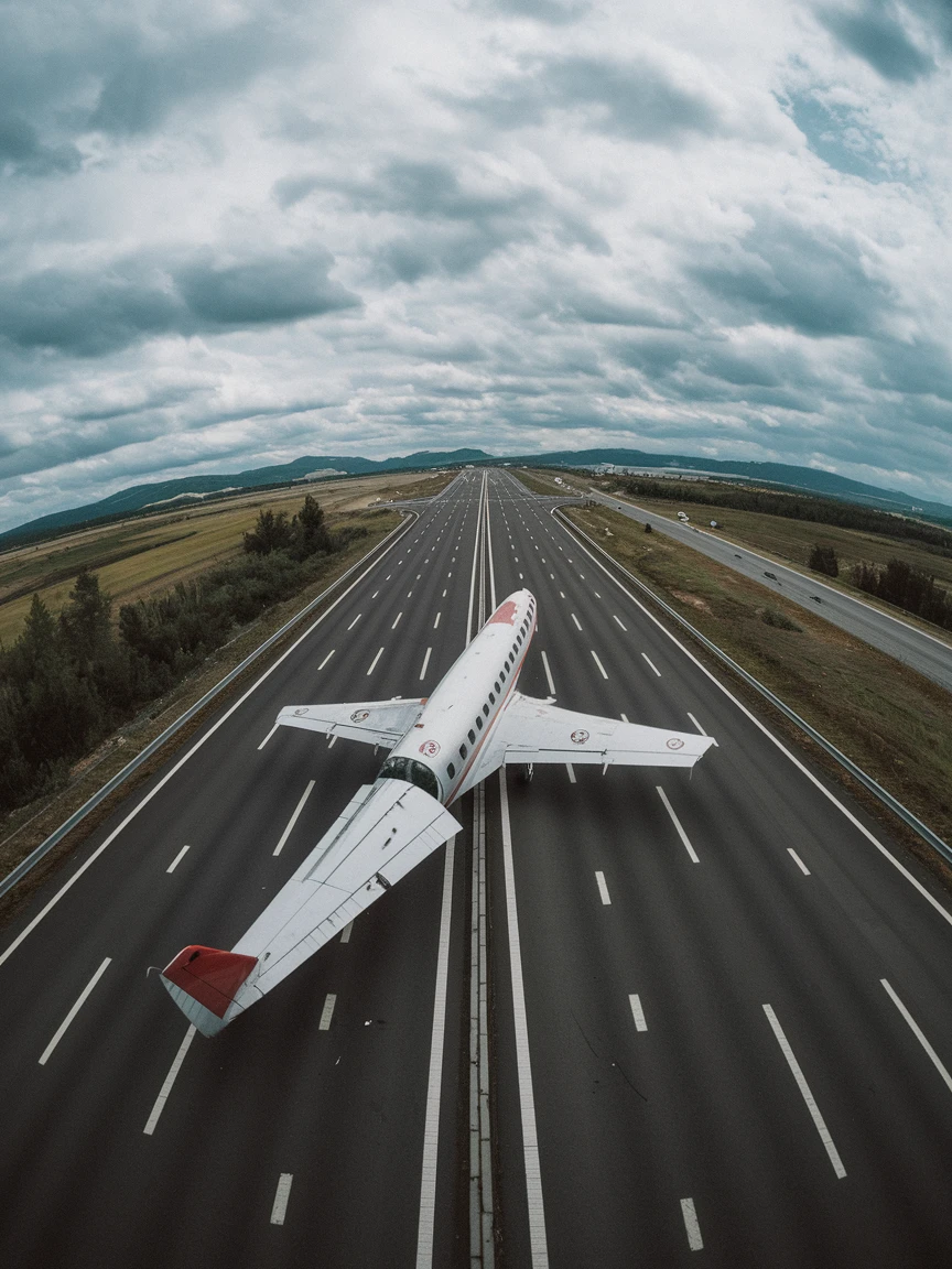 Cinematic still of a plane crash on highway, captured by gopro hero with effect fisheye emoji