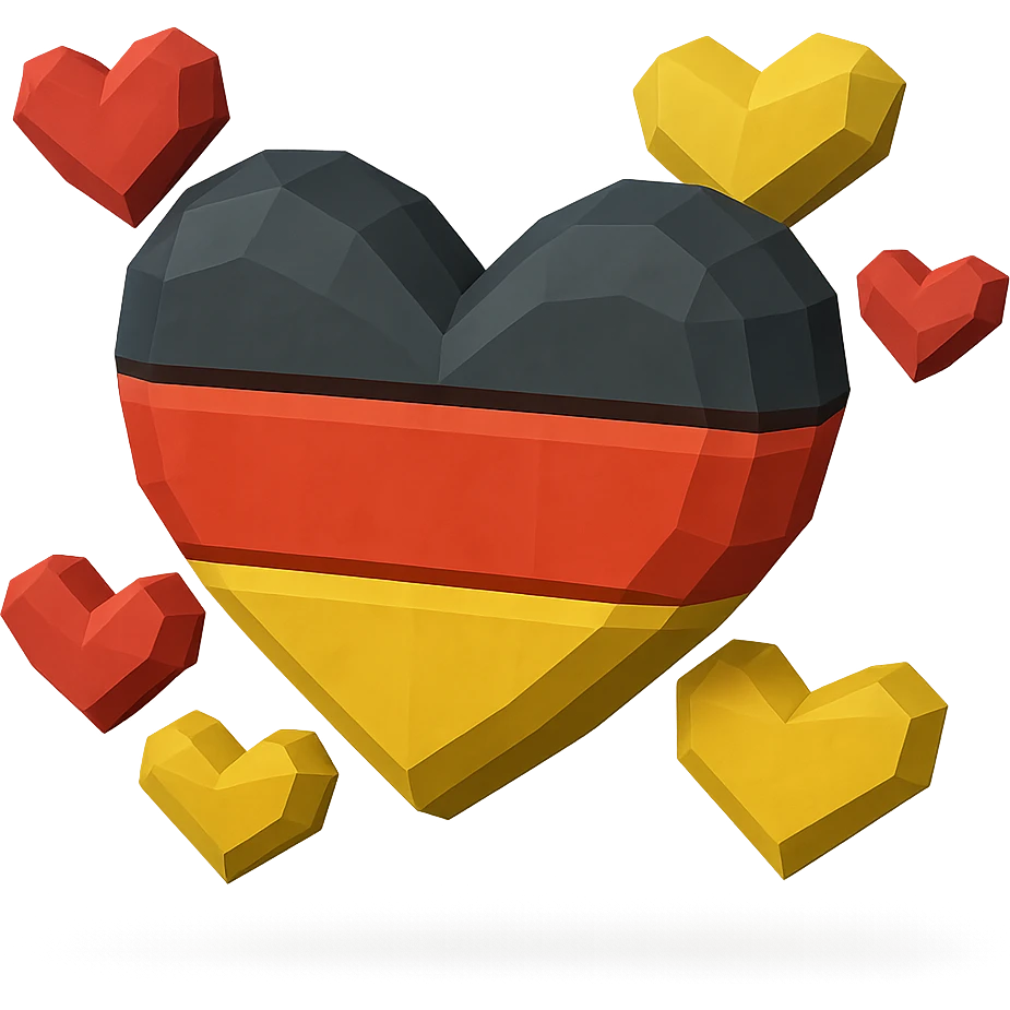 Make the hearts 3D, stylized and playful, keeping the German flag arrangement, no background. emoji