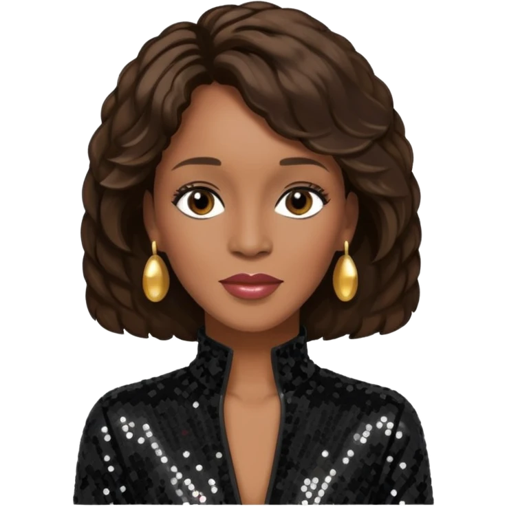 Whitney Houston with dark brown hair, black sequin jumpsuit emoji