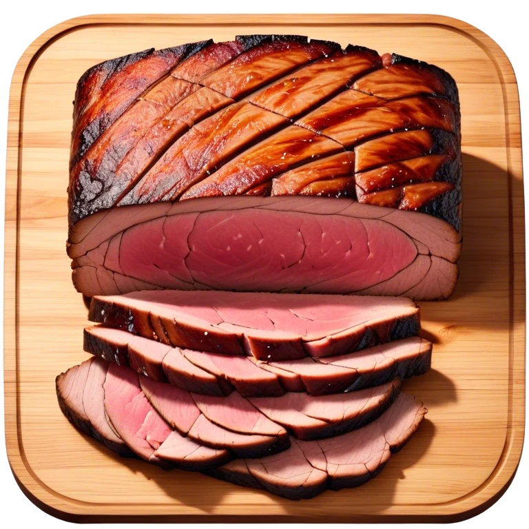 Cinematic smoked brisket, deep mahogany crust, perfectly sliced to reveal juicy marbled meat, warm smoky aroma, served on a wooden board, rich and flavorful, ultra-detailed and appetizing. emoji