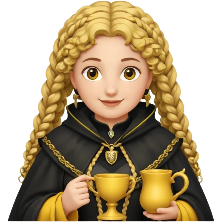 Helga Hufflepuff, 2 curly thick brown braids, yellow-black medieval dress, black cloak decorated with gold braiding, tiny two-handled shiny yellow-gold cup, very kind smile, curvy busty sweet woman, thick rosy cheeks emoji