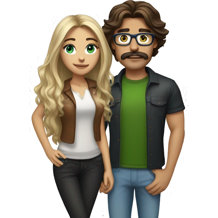 (brunette, brown eyed, madison beer) standing next to (handsome long hair blonde man, mustache, blue/green eyes, brown glasses) emoji