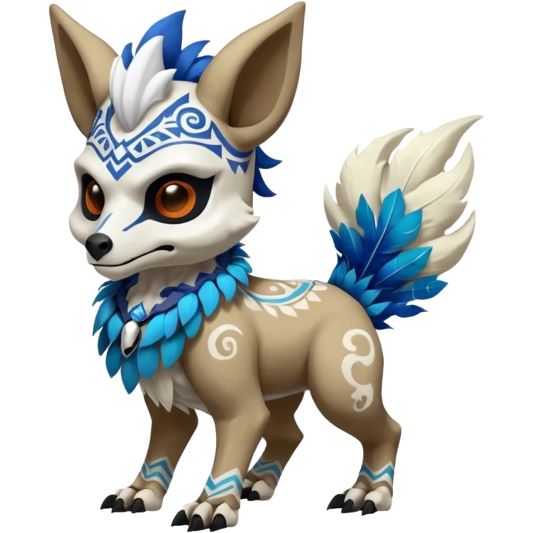 Furry cute colorful exotic tribal feral anime-styled duskull-Cubone-Fakémon-Pokémon-animal-creature with a white wolf-skull-head-mask-face, and blue feathers around neck, with long furry ears, long furry tail, 4 legs, (full body), with intricate pattern-markings emoji