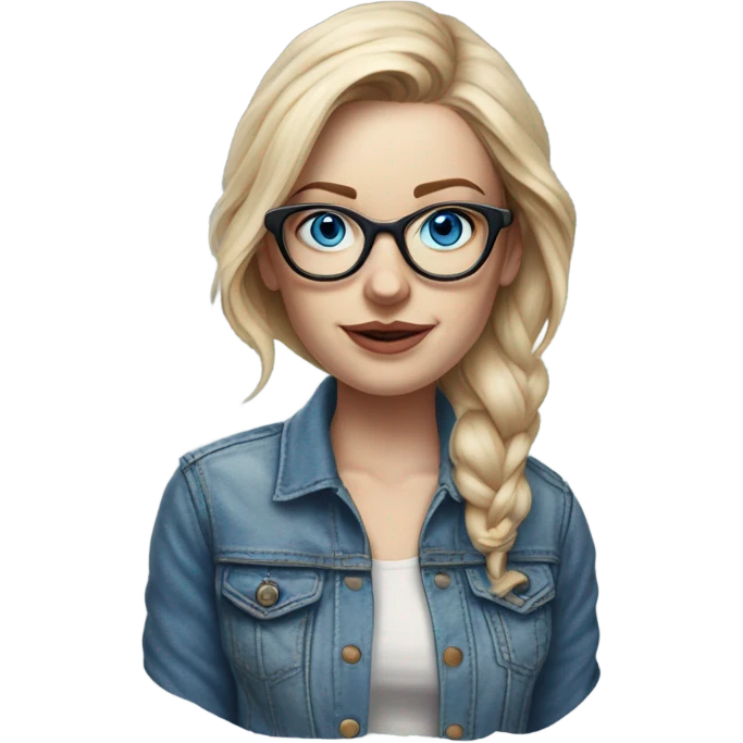 Hyper Realistic pale beautiful tattooed woman with glasses and blue eyes wearing denim jacket emoji