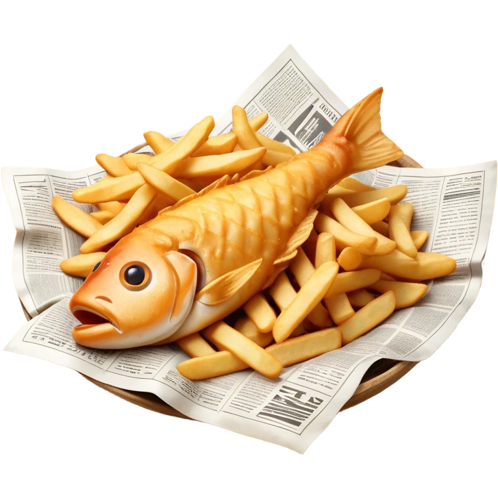 Cinematic Realistic Fish and Chips Dish Emoji, depicted with crispy golden battered fish and chunky hand‚Äêcut chips served in traditional newspaper wrapping, rendered with mouth‚Äêwatering texture and warm natural lighting that captures its quintessential British charm. emoji
