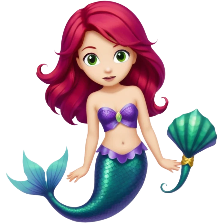 Ariel from Disney's The Little Mermaid, looking curious, with red hair, purple seashell top, and green mermaid tail, apple-style emoji art emoji