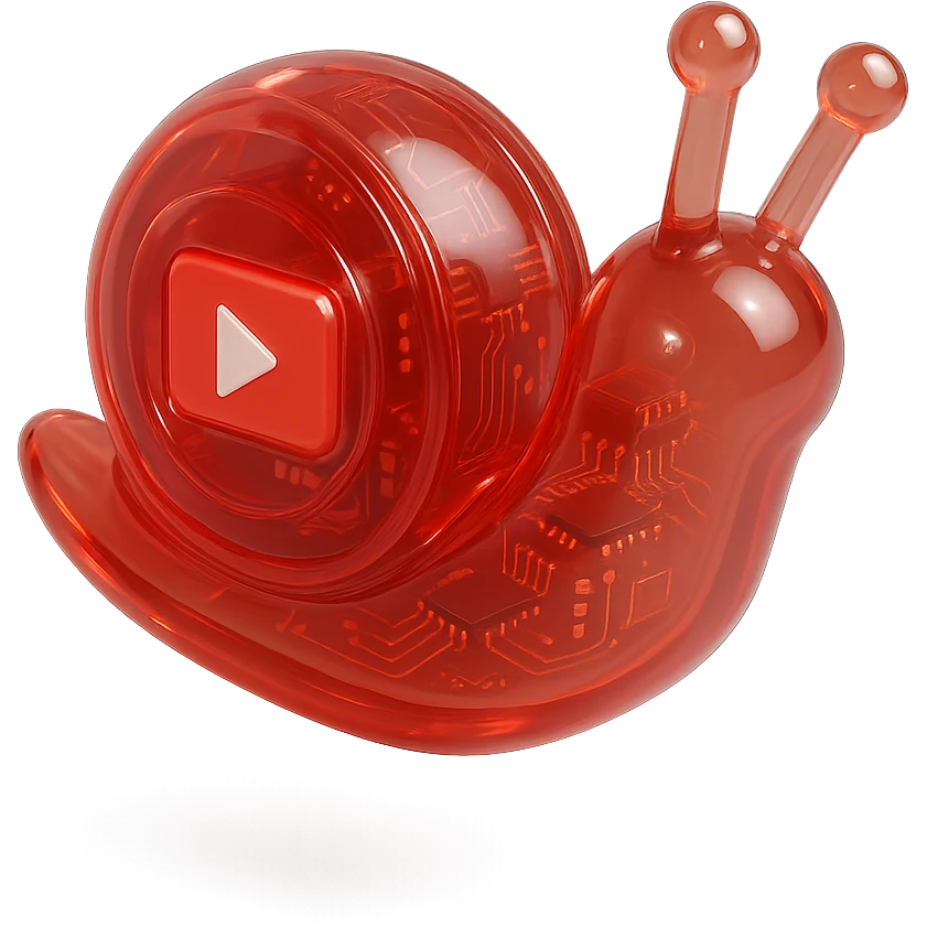 red robot snail with YouTube play button, glossy circuit style emoji